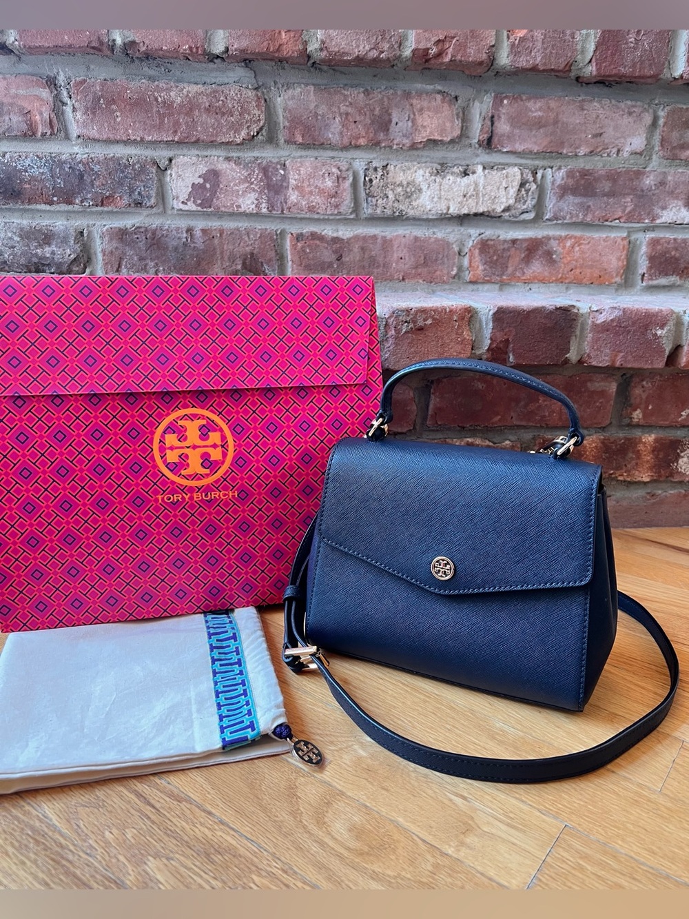 Tory Burch Navy Blue Leather Robinson Small Top Handle Satchel Crossbody